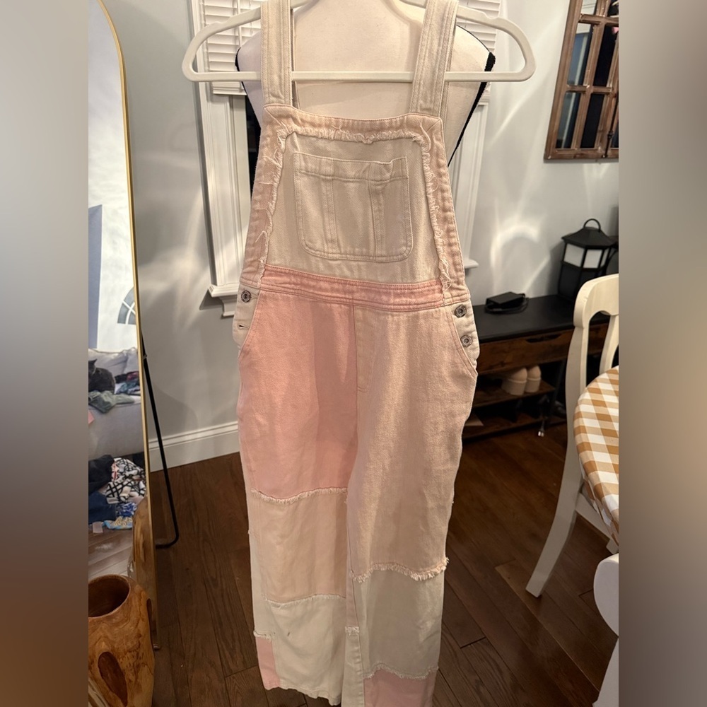 Papermoon Pink and Cream Adorable Distressed Overalls Jumpsuit Size Small